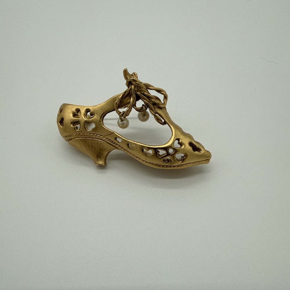 Vintage Shoe Shaped Dancer Heart Faux Pearl Ball Goldtone Pin Brooch